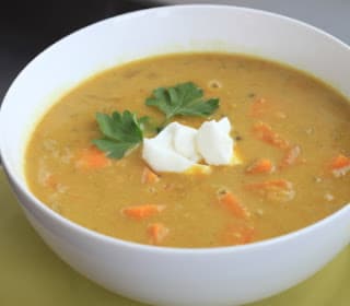 red lentil and sweet potato soup with chickpeas and coconut milk