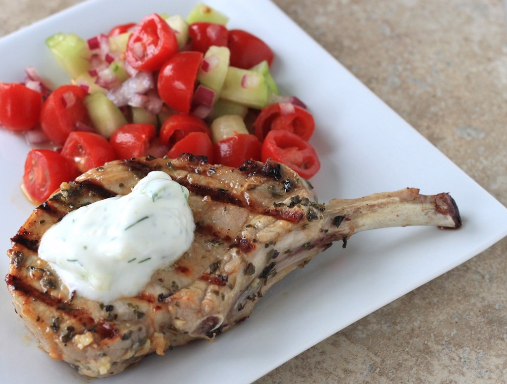 greens & chocolate: greek pork chops with tomato and cucumber salad