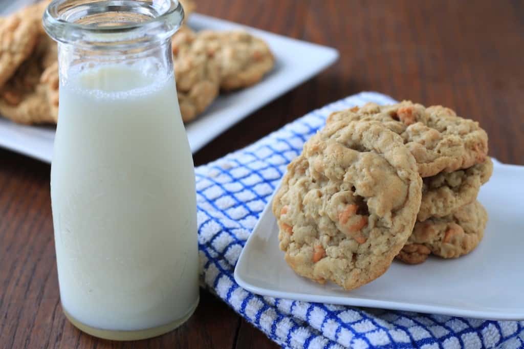 Butterscotch Oatmeal Cookies served with a bottle of milk