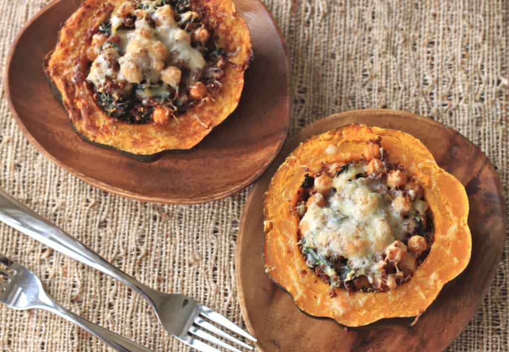 Quinoa and Kale Stuffed Acorn Squash - Two Serves on the Table with Two Forks