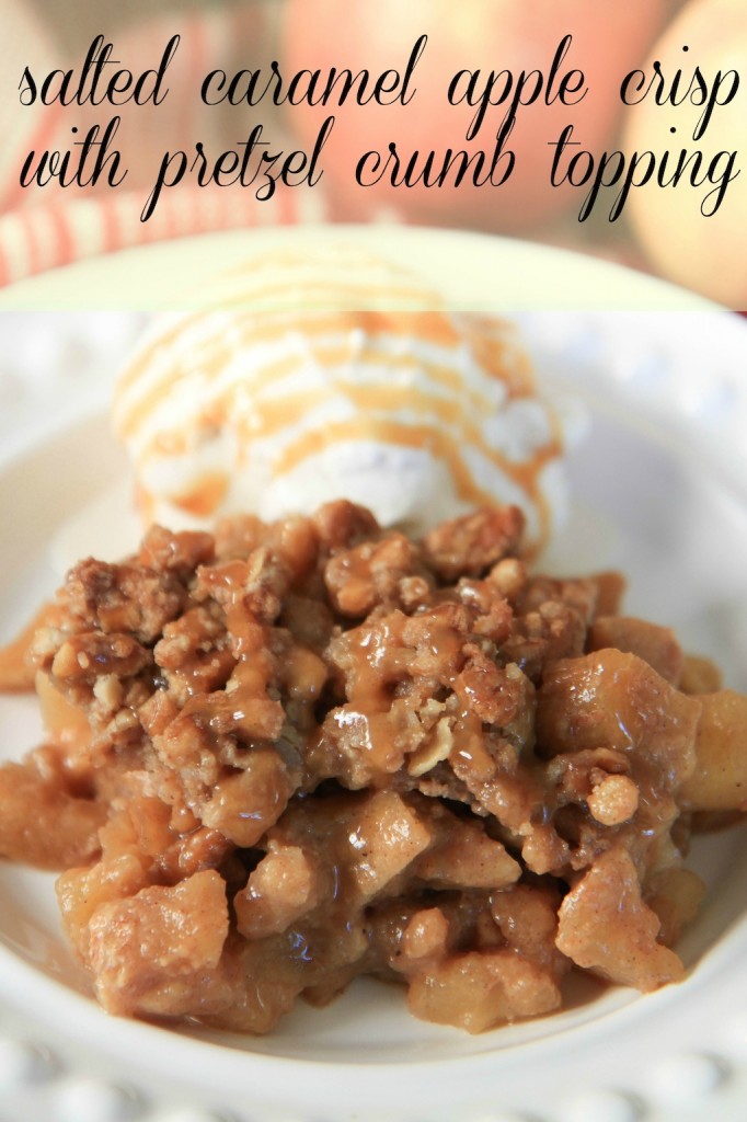 salted caramel apple crisp with pretzel crumb topping