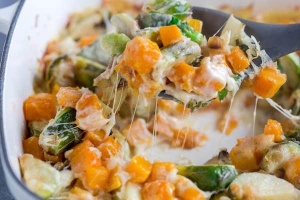 Butternut Squash Brussels Sprout Gratin Full of Cheese in a Spoon