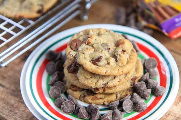 Brown Butter Chocolate Caramel Pecan Cookies served with chocolate chips