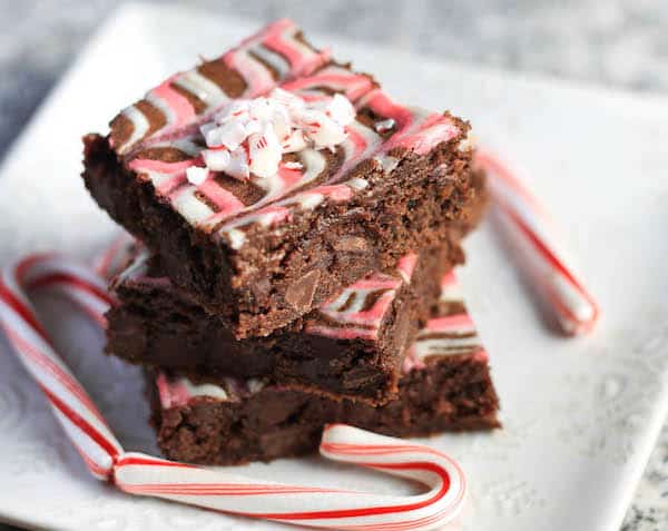Closeup on the delicious Peppermint Cream Cheese Swirl Brownies served and ready to be enjoyed