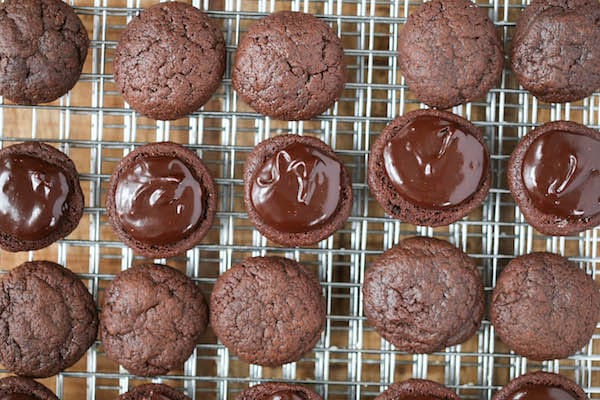 Overhead shot on the Triple Chocolate Sandwich Cookies before serving them to the plates
