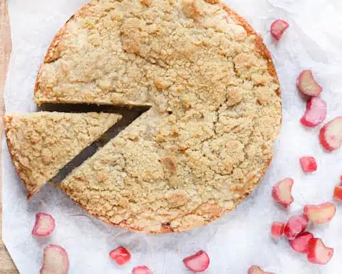 Brown Butter Rhubarb Cake with Crumb Topping