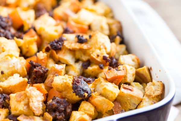 Chorizo Sweet Potato and Apple Stuffing Delicious Closeup - Tasty and Inviting