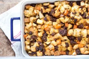 Chorizo Sweet Potato and Apple Stuffing Cooked and Served on the Table