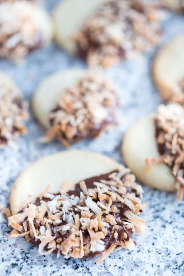 Closeup on the Chocolate Dipped Coconut Shortbread Cookies