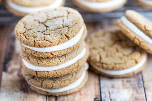 Delicious closeup on the Ginger Molasses Sandwich Cookies with Eggnog Buttercream