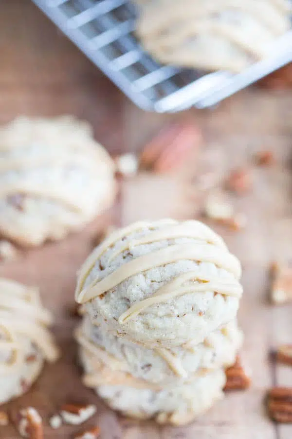 Closeup on the Butter Pecan Maple Cookies tower with the blurred background