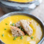 Creamless Potato Leek Soup with Whole Wheat Parmesan Croutons Closeup on Two Bowls