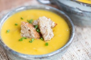 Creamless Potato Leek Soup with Whole Wheat Parmesan Croutons in a Bowl on the Table