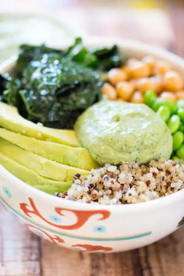 Green Goddess Quinoa Bowls - Beautiful Side Shot of the Dressing on Top of the Ingredients