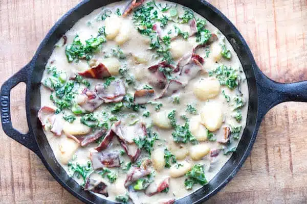 One Skillet Creamy Bacon and Kale Gnocchi