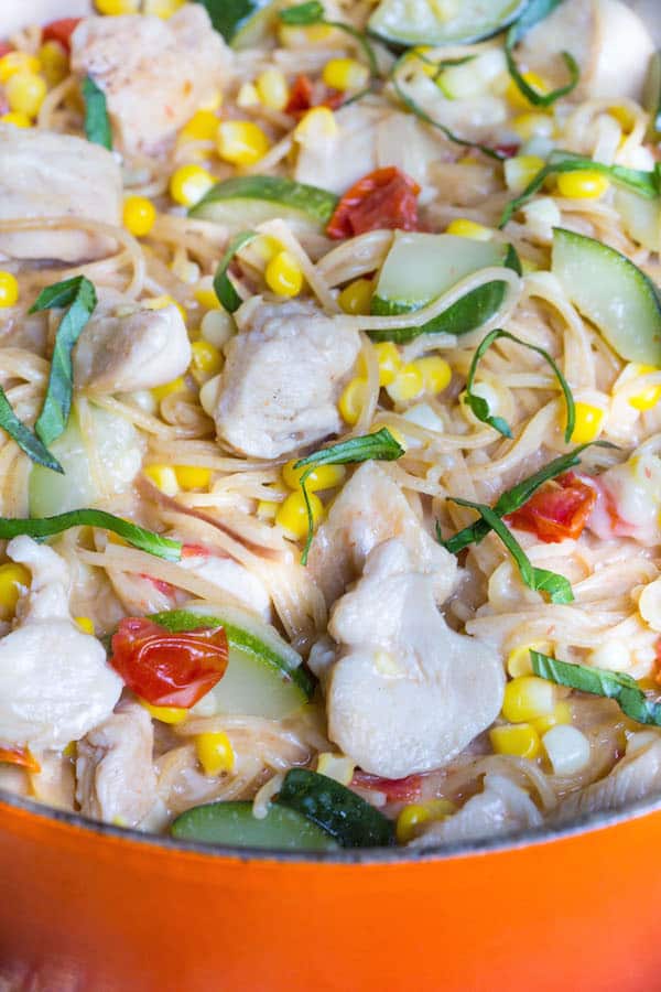 One Pot Creamy Chicken and Summer Vegetable Pasta