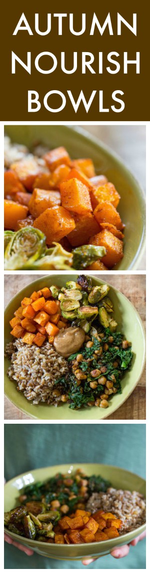 Autumn Nourish Bowls with Maple Almond Dressing Super Long Collage of Three Images and Text Overlay