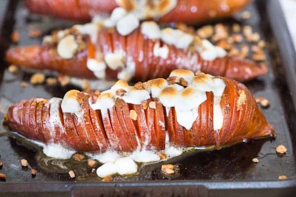 Hasselback Sweet Potato Casserole - Closeup on the Potatoes on the Tray