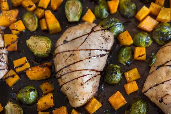 One Pan Maple Balsamic Chicken with Brussels Sprouts and Butternut Squash