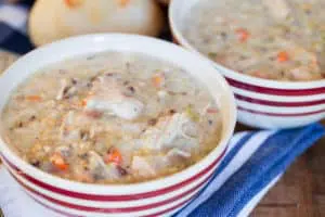 Slow Cooker Turkey Wild Rice Soup in a Bowl on the Towel