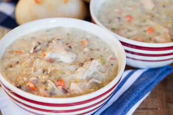 Slow Cooker Turkey Wild Rice Soup in a Bowl on the Towel
