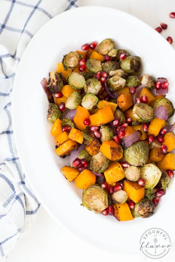 Balsamic Roasted Butternut Squash and Brussels Sprouts with Pomegranate
