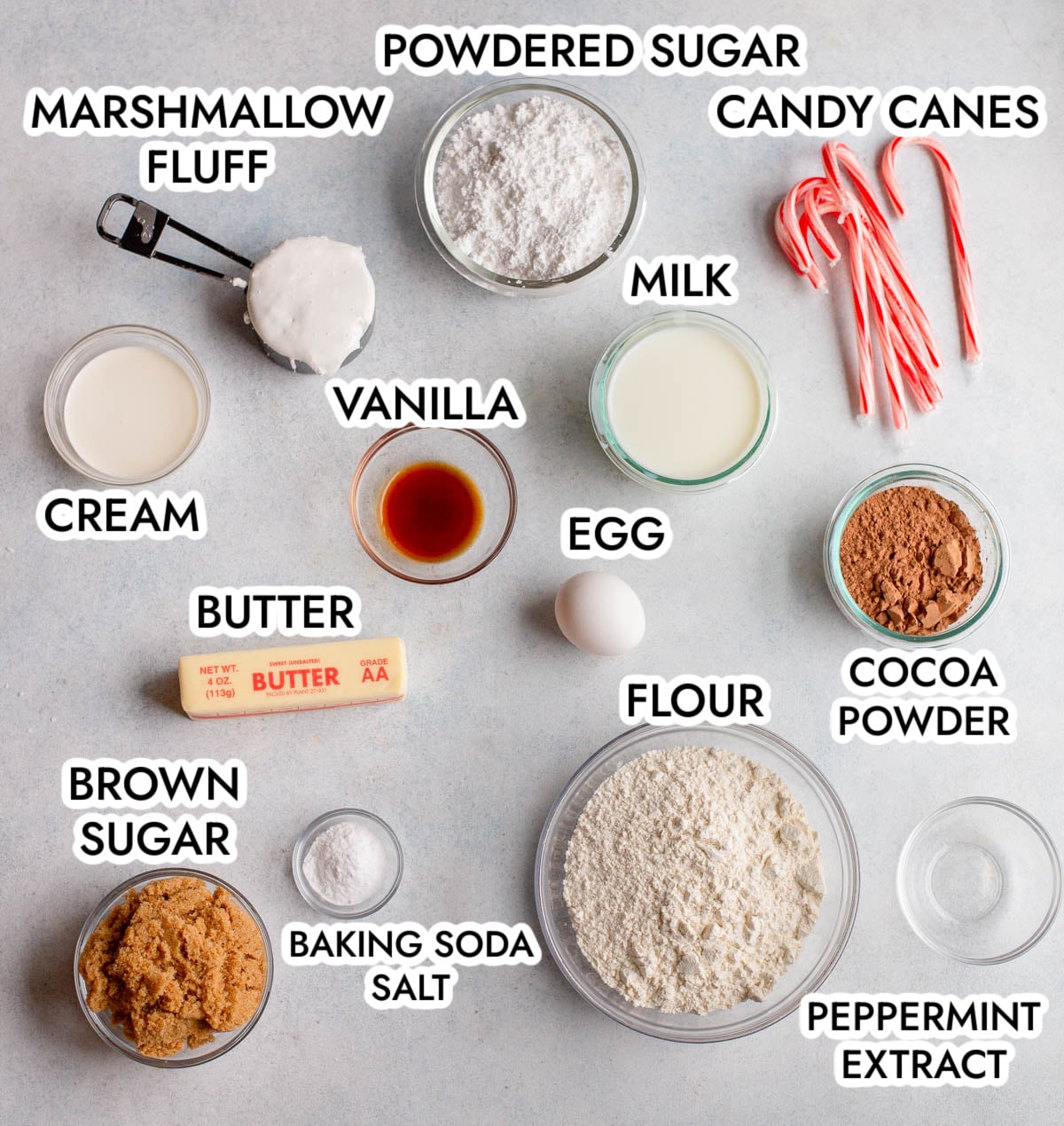Ingredients in Peppermint Whoopie Pies on a gray background