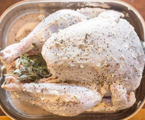 Garlic and Herb Mayonnaise Roasted Turkey Loaded and Ready for Holiday Cooking