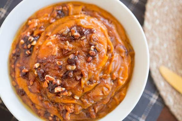 Overhead on the white plate full of the Lightened Up Slow Cooker Sweet Potato Casserole
