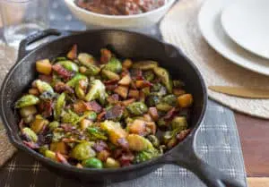 Maple Bacon Brussels Sprout Skillet Served to the Table