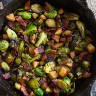 Maple Bacon Brussels Sprout Skillet in a Pan Closeup