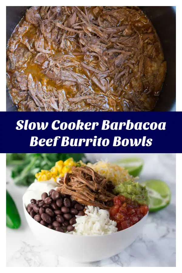 Slow Cooker Barbacoa Beef Burrito Bowls Collage with Text Overlay