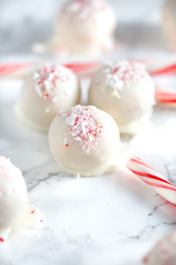 Beautiful White Chocolate Peppermint Oreo Truffles ready and served on the table