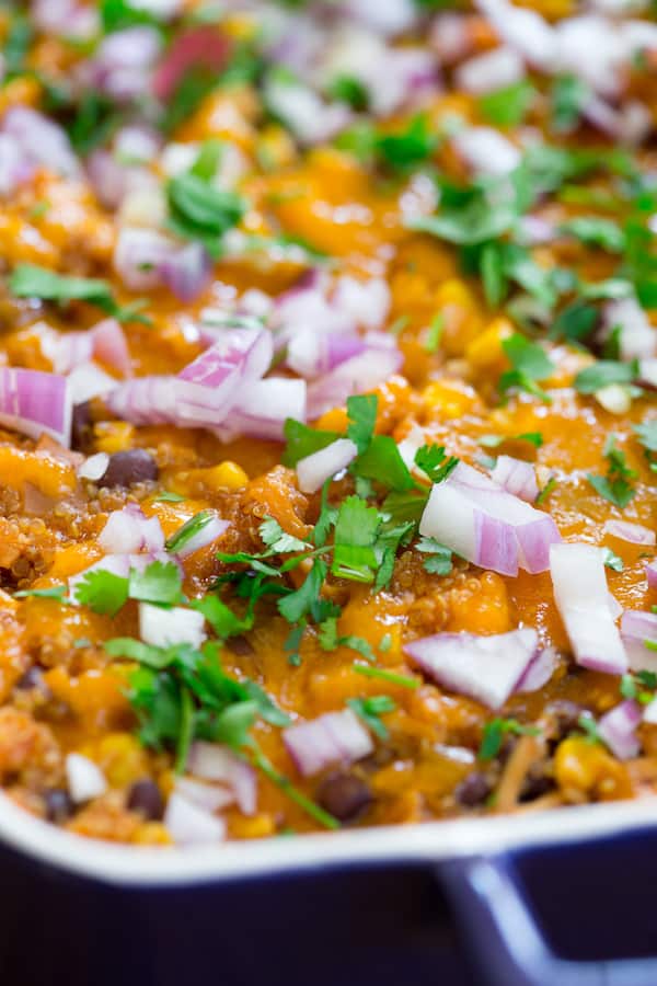 Barbecue Chicken Quinoa Casserole Closeup on the Beautiful Dish