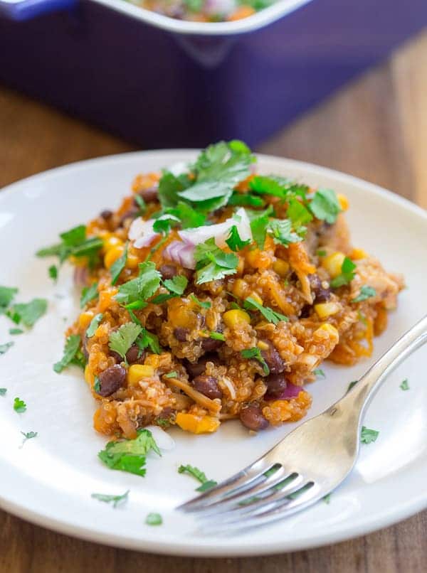 Barbecue Chicken Quinoa Casserole - Beautifully Served in a White Plate with a Fork