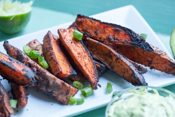 Grilled Chili Lime Sweet Potato Wedges with Avocado Yogurt Dipping Sauce