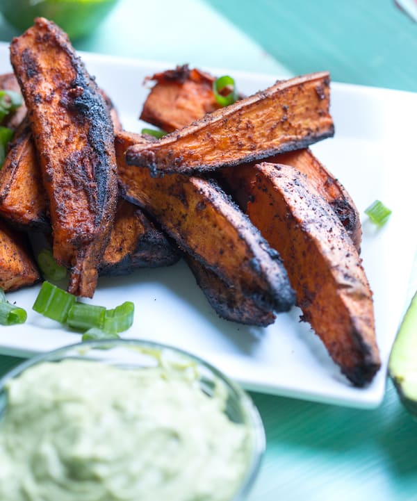 Grilled Chili Lime Sweet Potato Wedges with Avocado Yogurt Dipping Sauce