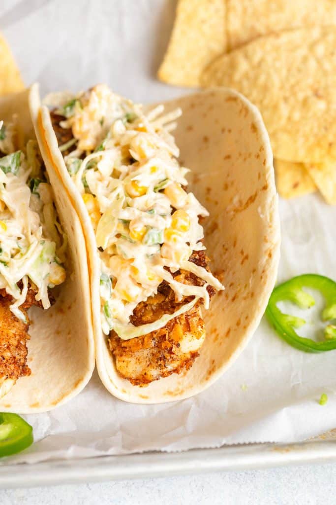 Tortilla Chip Crusted Fish Tacos