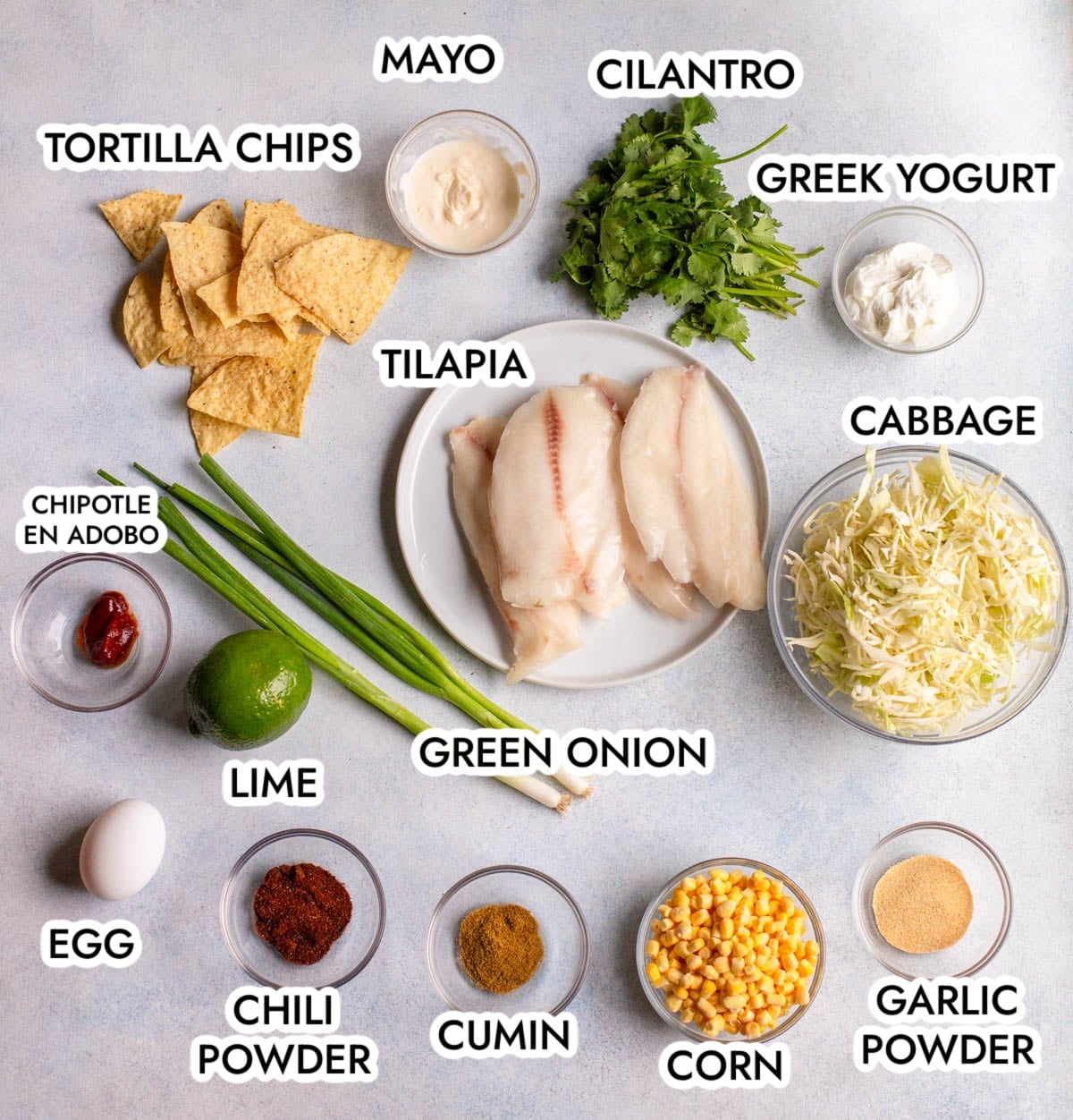 Ingredients in Tortilla Crusted Fish Tacos on a gray background with black labels.