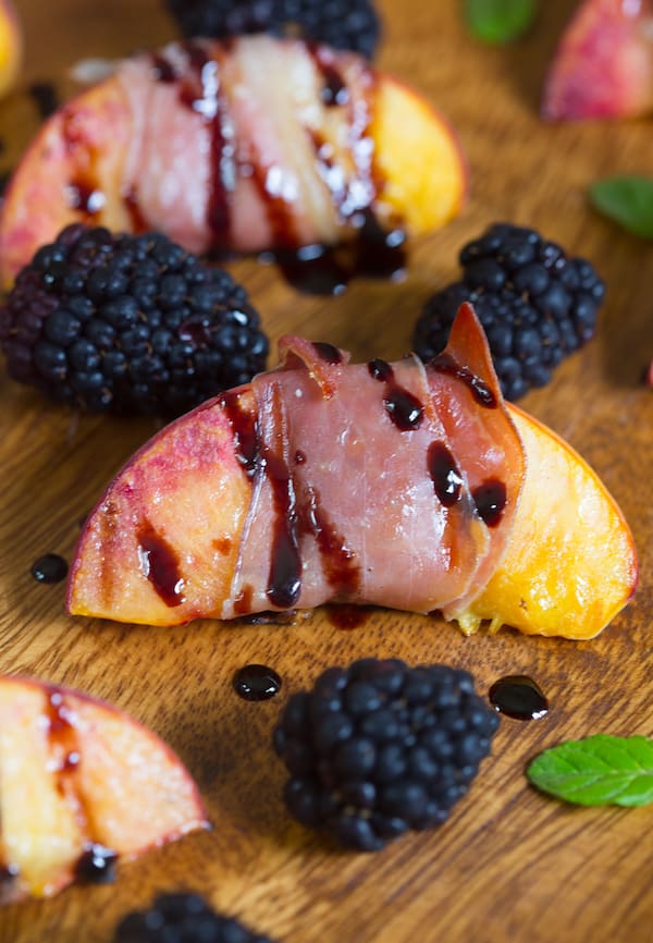 Grilled Prosciutto Wrapped Peaches with Blackberry Balsamic Glaze