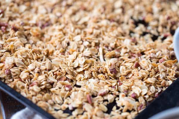 Coconut Maple Pecan Granola Closeup Before It Is Served into Bowls