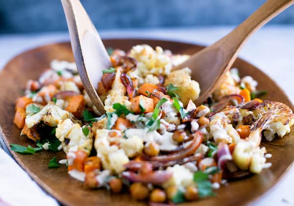 Roasted Cauliflower Sweet Potato Chickpea Salad with Lemon Tahini Dressing - Using Two Spoons to Grab a Good Load of This Delicious Salad
