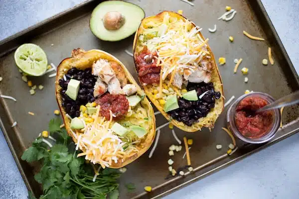 Spaghetti Squash Chicken Burrito Bowls Overhead Shot on the Meal in the Tray Before Serving