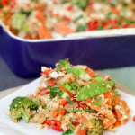 Thai Peanut Chicken Quinoa Casserole with the Plate Full of Dish in the Foreground
