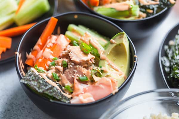 Tuna Rice Bowls with Yum Yum Sauce - Beautiful Closeup on the Dark Bowl