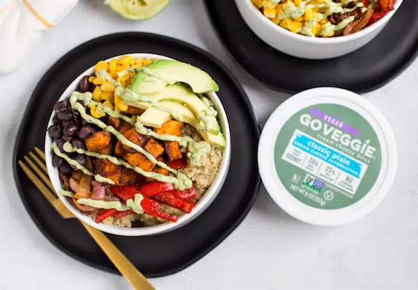 Vegetarian Quinoa Burrito Bowls with Avocado Cream Sauce Overhead Shot of Two Bowls and GO VEGGIE® Cream Cheesy Bliss