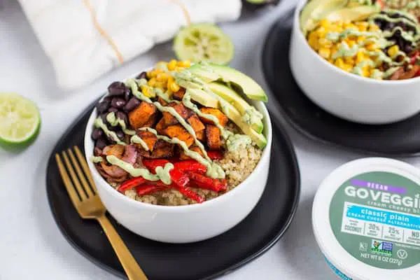 Vegetarian Quinoa Burrito Bowls with Avocado Cream Sauce - Made with Vegan GO VEGGIE® Cream Cheesy Bliss