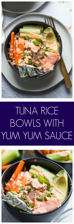 Tuna Rice Bowls with Yum Yum Sauce Super Long Collage with Text Overlay