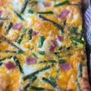 Ham Asparagus and Cheese Crescent Roll Breakfast Casserole Closeup on the Meal Before Serving into Plates