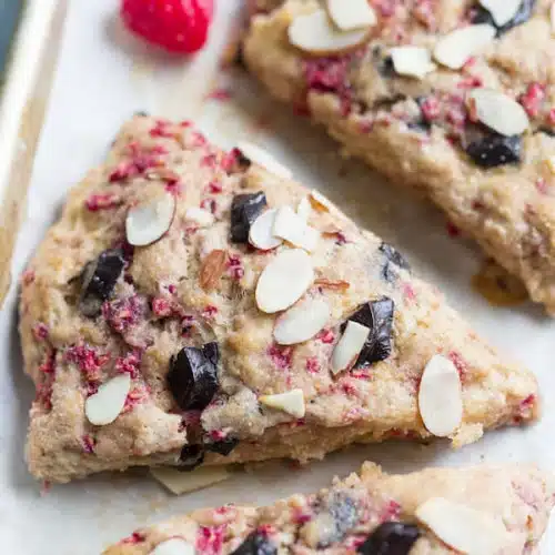 Raspberry Almond Dark Chocolate Scones Overhead Before Serving
